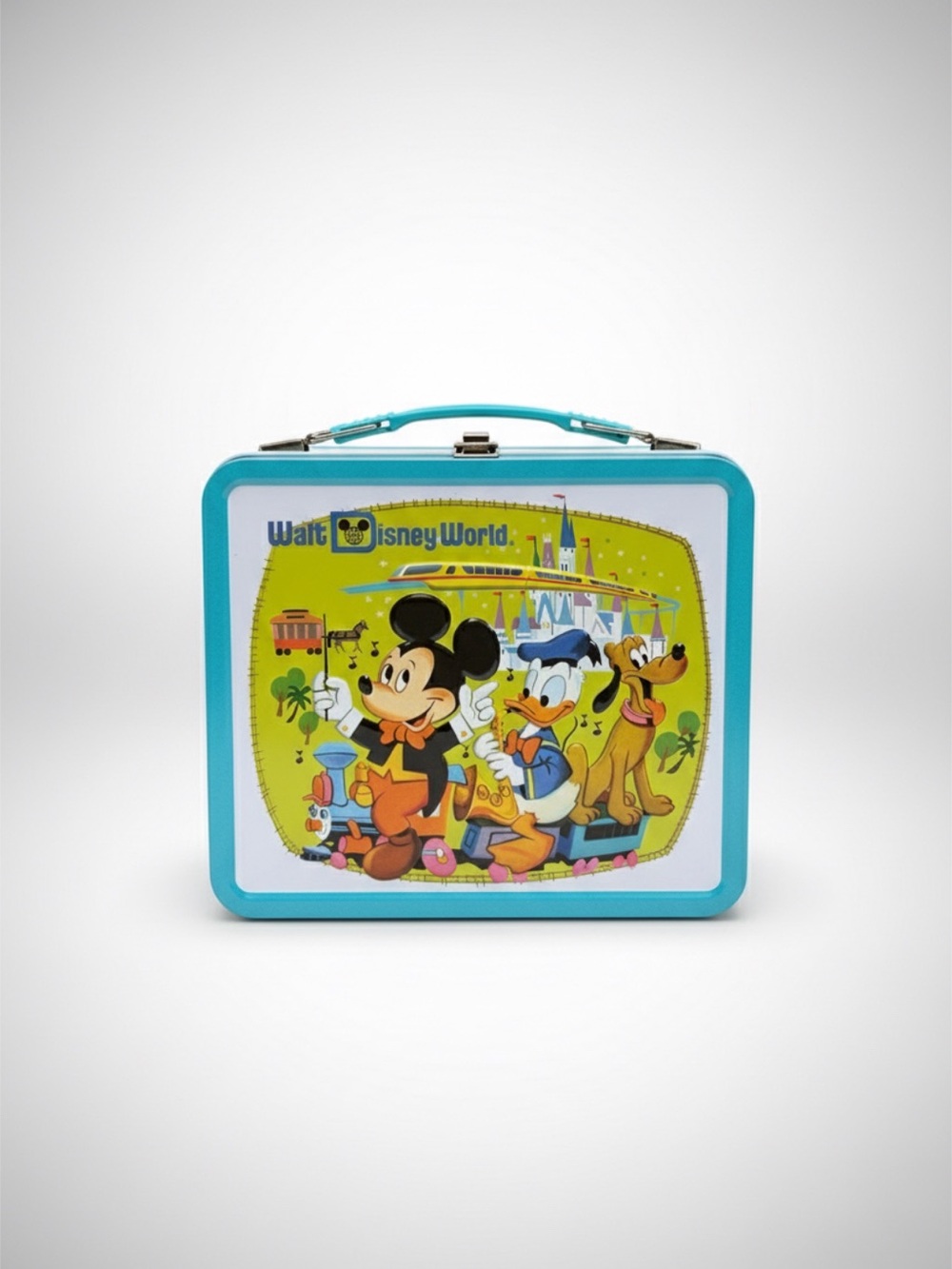 Disney World 50th Anniversary Teal Vintage Mickey, Donald & Pluto Tin Lunchbox